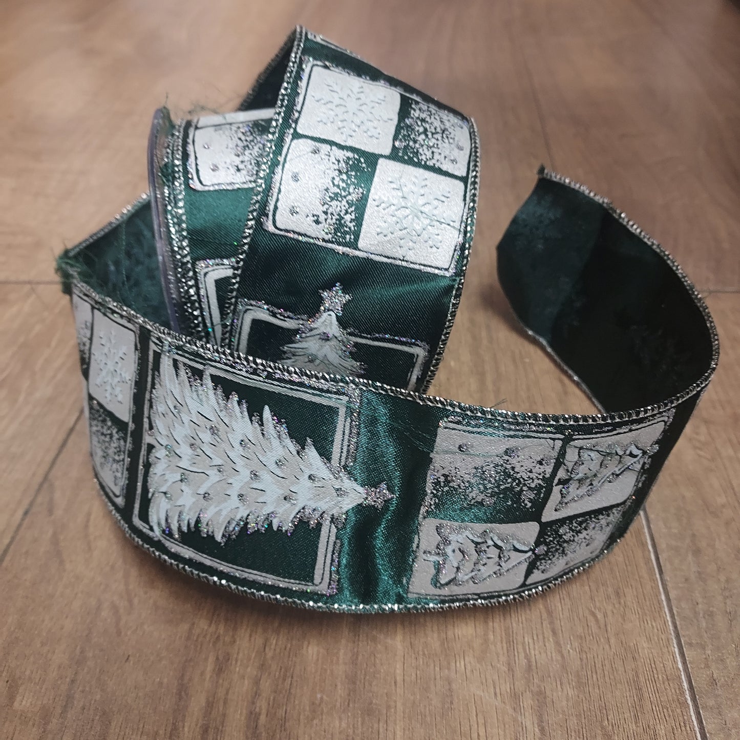 Christmas Tree Squares White and Glitter Wired Ribbon - 63mm
