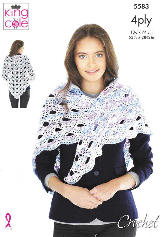 King Cole 5583 Shawls 4ply Crochet Pattern
