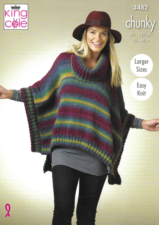 King Cole 3482 Women's Square Poncho and Pointed Poncho, Easy Knit, Larger Sizes, Chunky Knitting Pattern