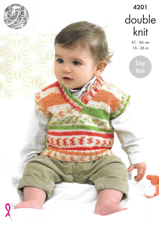 King Cole 4201 Baby Boys Sweaters And Tank Top, Easy Knit, DK Knitting Pattern