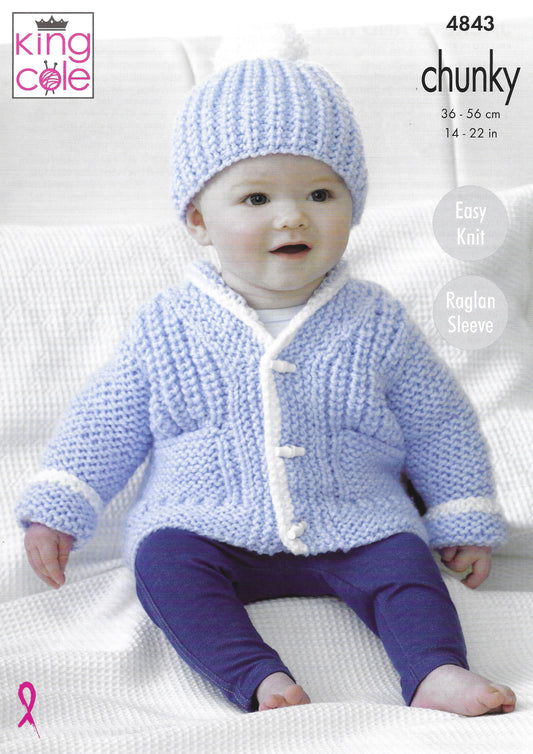 King Cole 4843 Jackets And Hat, Easy Knit, Raglan Sleeve, Chunky Knitting Pattern