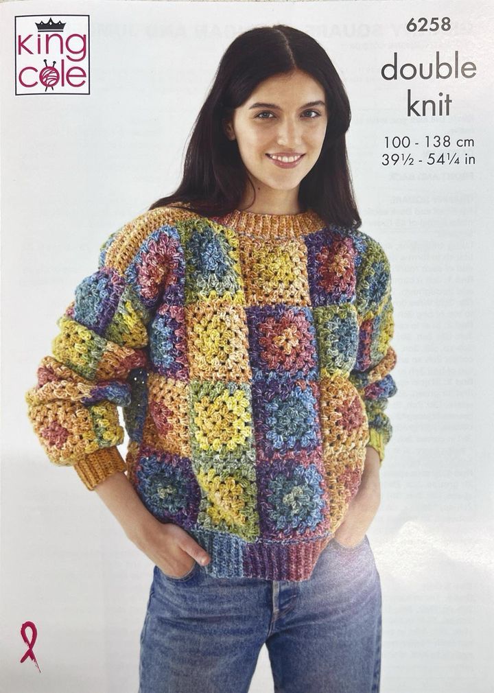 King Cole 6258 Ladies Granny Square Cardigan and Jumper Crochet Pattern