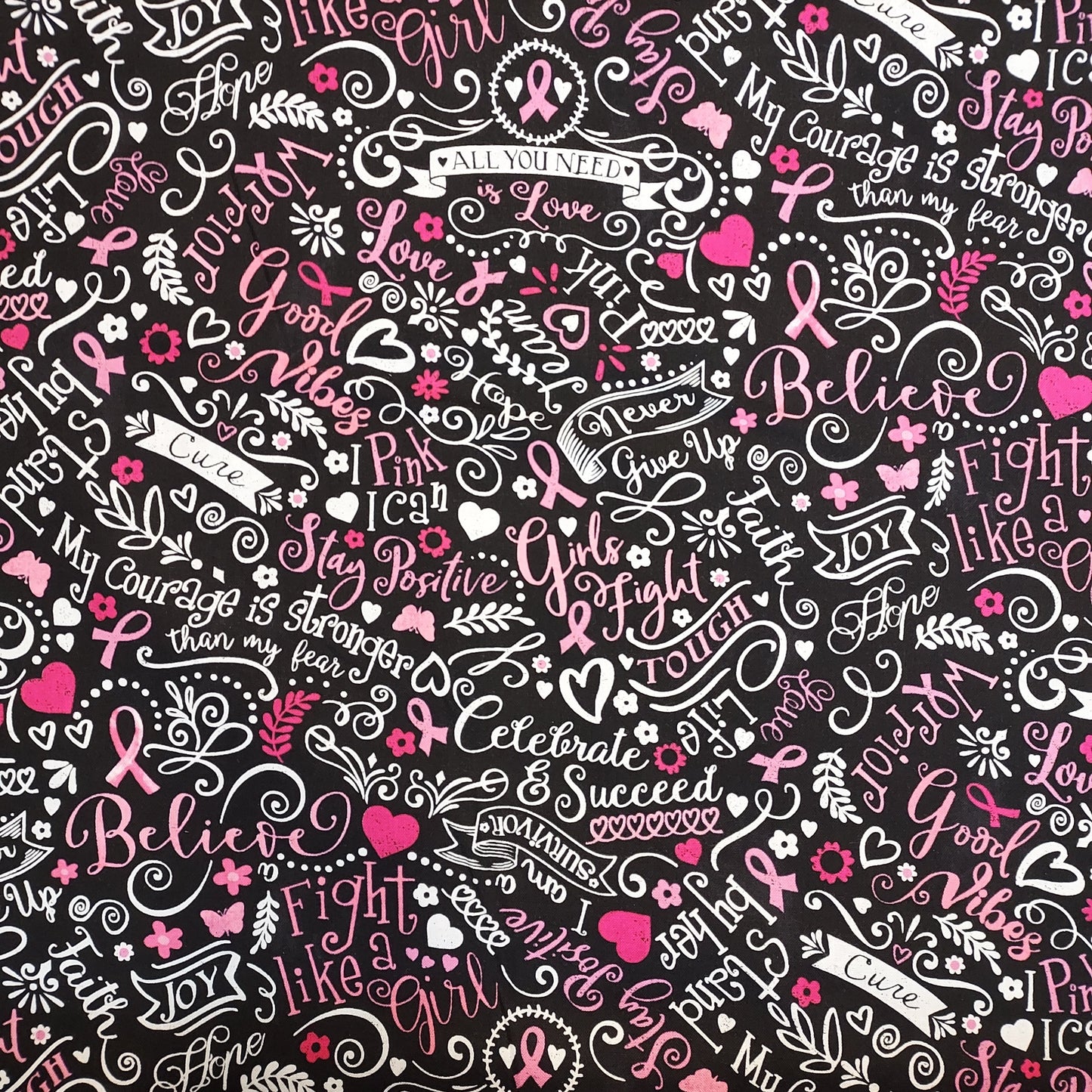Timeless Treasures 'Think Pink' Black and Pink Graffiti Motif Cotton Fabric.