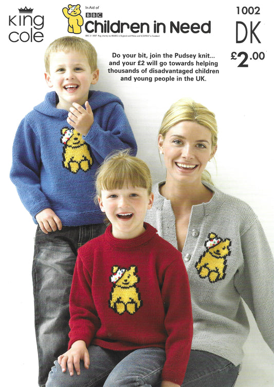 King Cole 1002 Children in Need Pudsey Bear Sweaters & Cardigans DK Knitting Pattern