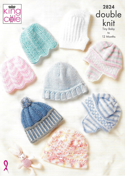 King Cole 2824 Baby Hats, Tiny Baby to 12mths DK Knitting Pattern