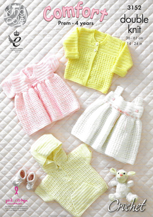 King Cole 3152 Baby Jacket Cardigan and Dresses Prem to 4 years DK Crochet Pattern