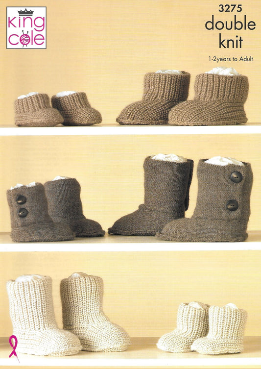 King Cole 3275 Hug Slippers 1 to 2 yrs to Adults DK Knitting Pattern