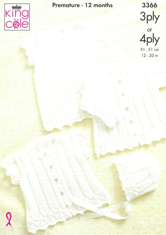 King Cole 3366 Premature -12 months, Cardigans, Bonnet & Angel Top, 3ply & 4ply Knitting Pattern