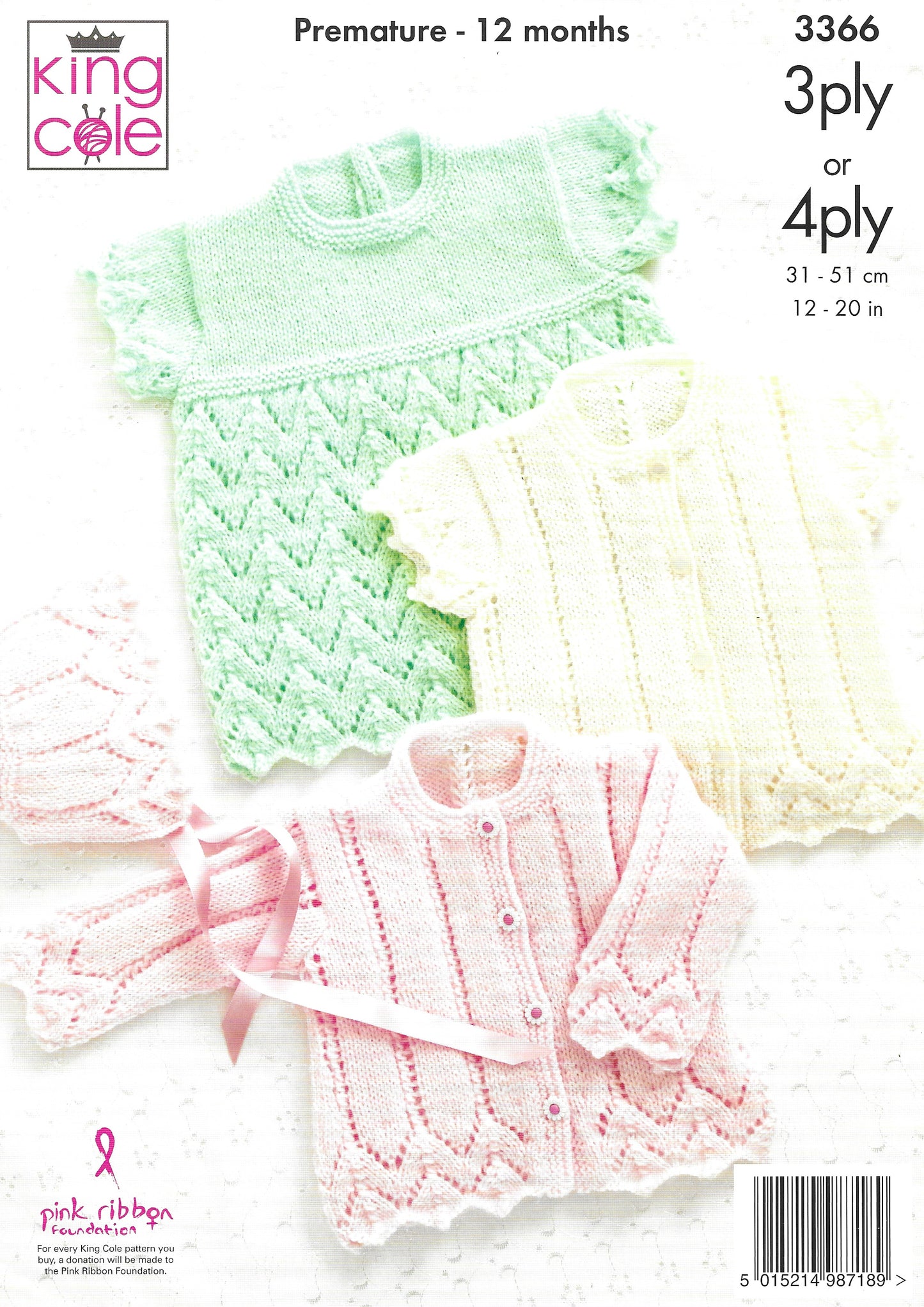 King Cole 3366 Premature -12 months, Cardigans, Bonnet & Angel Top, 3ply & 4ply Knitting Pattern