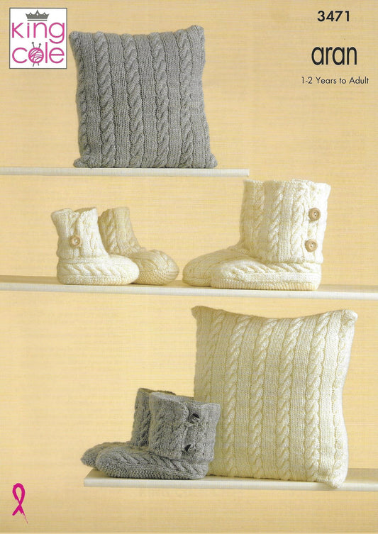 King Cole 3471 Knitted Slippers 1 to 2 yrs to Adults Aran Knitting Pattern