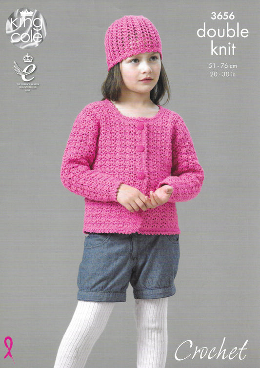 King Cole 3656 Cardigan Sweater and Hat DK Crochet Pattern