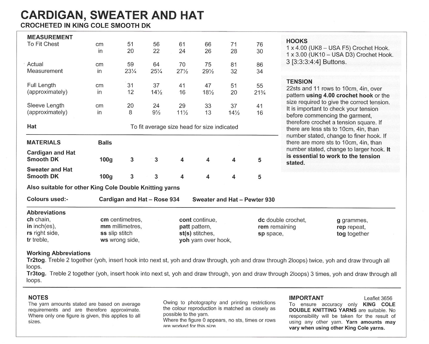 King Cole 3656 Cardigan Sweater and Hat DK Crochet Pattern