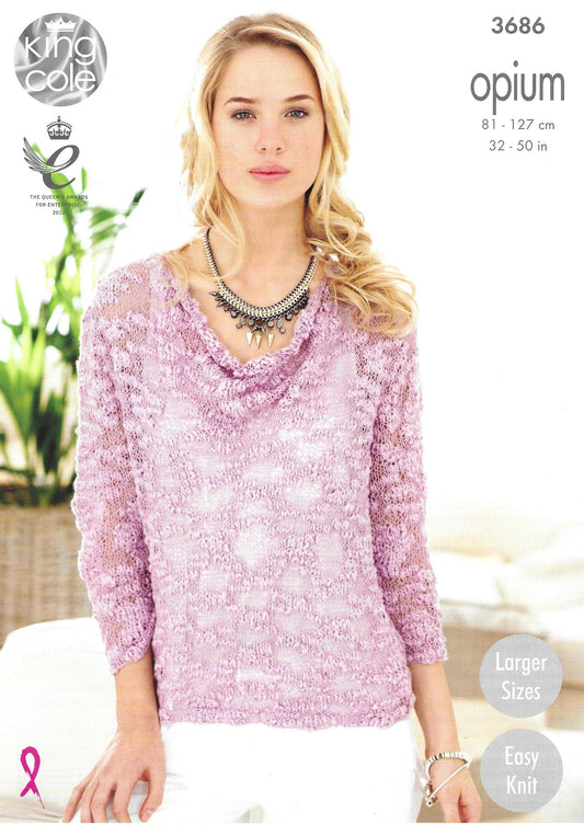 King Cole 3686 Ladies Drape Neck Sweaters, Larger Sizes, Easy Knit, Opium Knitting Pattern
