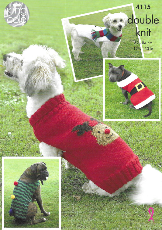 King Cole 4115 Christmas Dog Coats DK Knitting Pattern