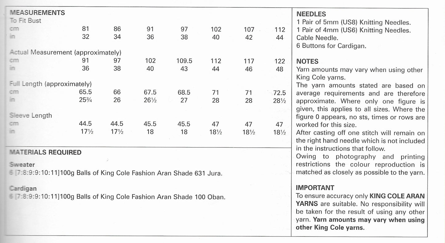 King Cole 4346 Sweater & Cardigan Aran Knitting Pattern
