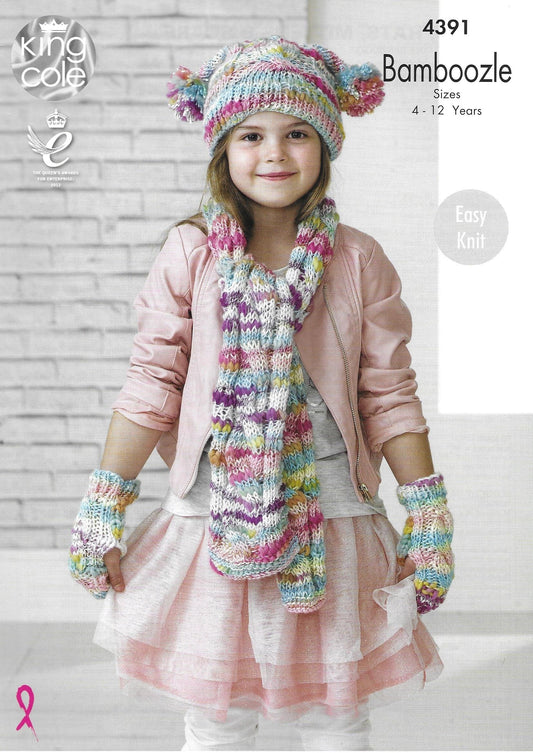 King Cole 4391 Snood, Hats, Mittens & Scarf, Easy Knit, Bamboozle Knitting Pattern