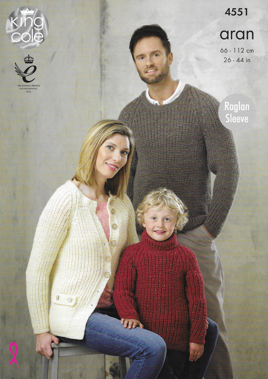 King Cole 4551 Sweaters & Cardigan, Raglan Sleeve, Aran Knitting Pattern
