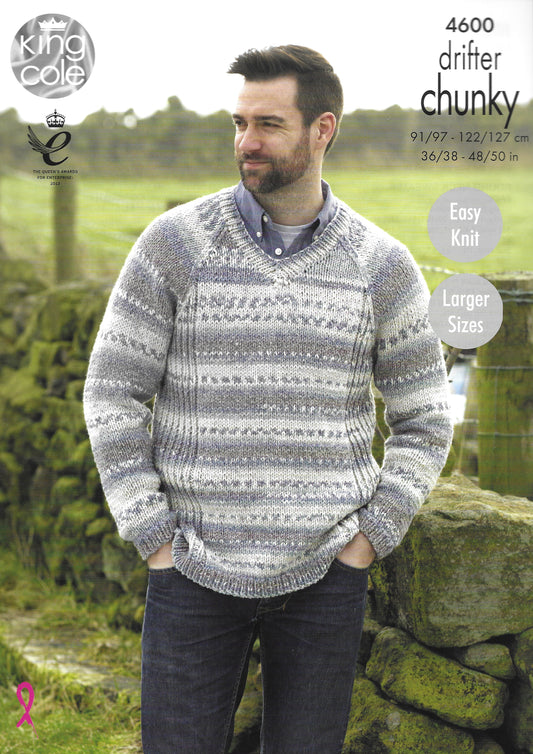 King Cole 4600 Men's Sweaters, Easy Knit, Larger Sizes, Drifter Chunky Knitting Pattern