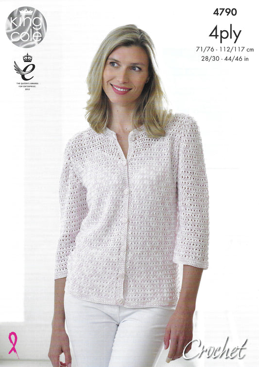 King Cole 4790 Ladies Crochet Cardigan with 3/4 Sleeves 4ply Crocheting Pattern