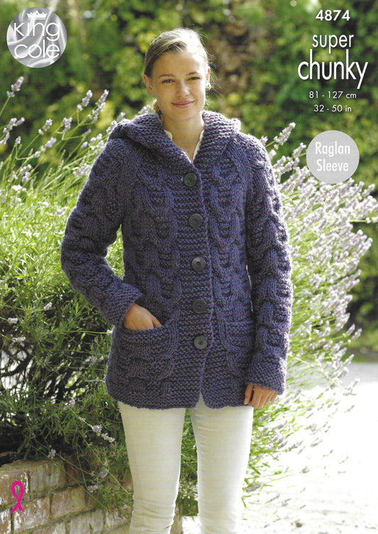 King Cole 4874 Jacket & Sweater Raglan Sleeve Super Chunky Knitting Pattern
