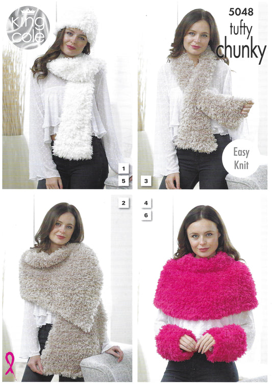 King Cole 5048 Scarf, Wrap, Thread Through Scarf, Shoulder Cover, Hat & Wrist Warmers, Easy Knit, Tufty Chunky Knitting Pattern