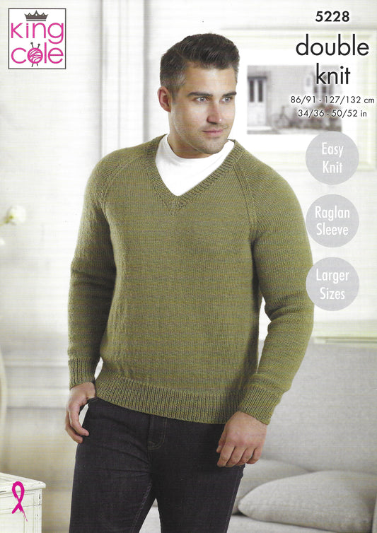 King Cole 5228 Sweaters, Easy Knit, Raglan Sleeves, Larger Sizes DK Knitting Pattern
