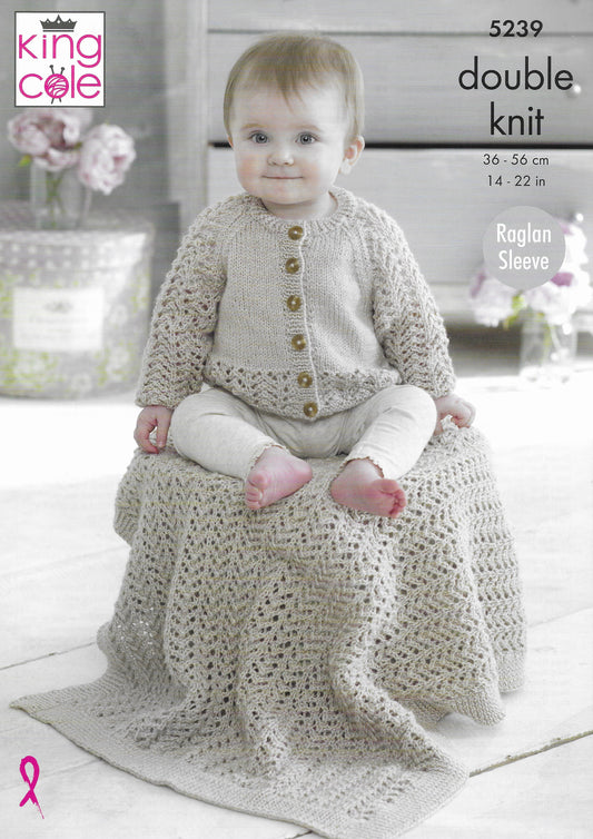 King Cole 5239 Baby Raglan Cardigan, Blanket and Hat, DK Knitting Pattern