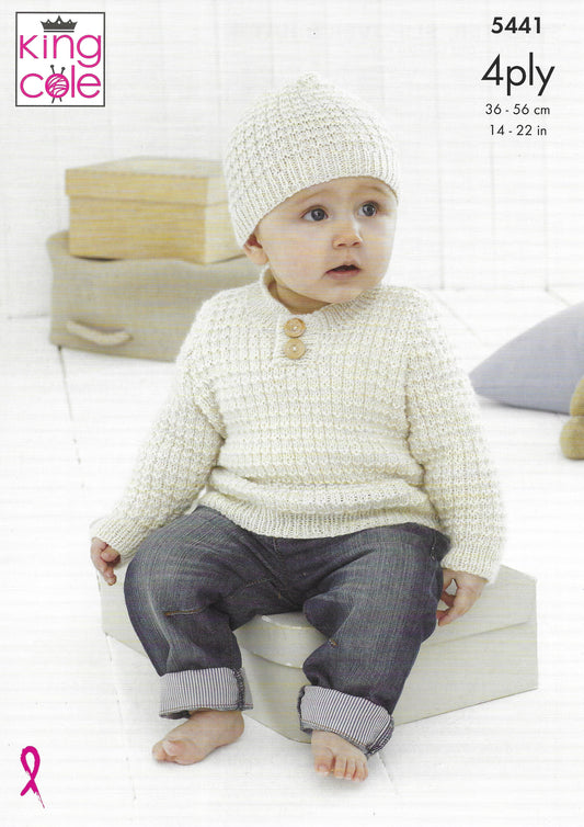 King Cole 5441 Sweater, Slipover & Hat 4ply Knitting Pattern
