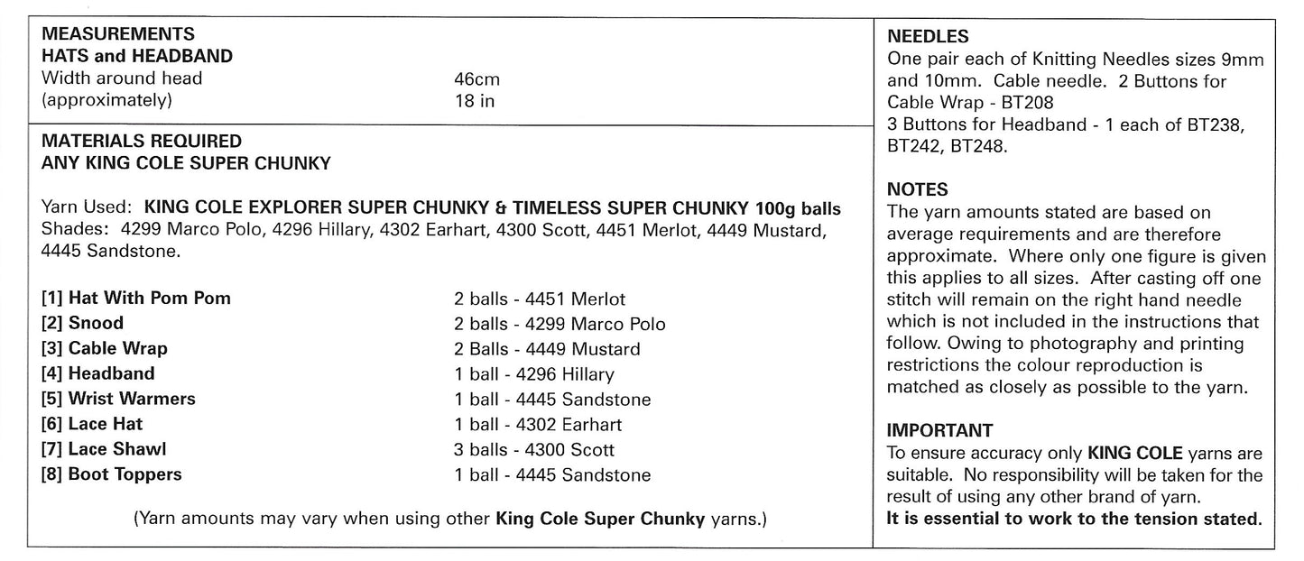 King Cole 5600 Accessories Super Chunky Knitting Pattern