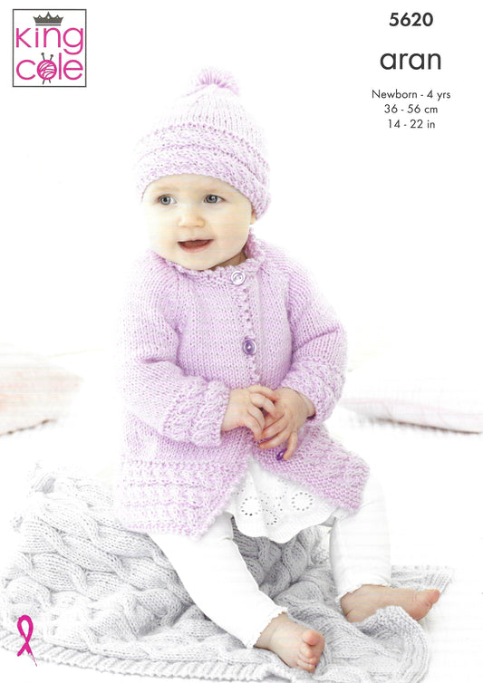 King Cole 5620 Jackets, Hat & Pram Blanket, Newborn to 4yrs, Aran Knitting Pattern