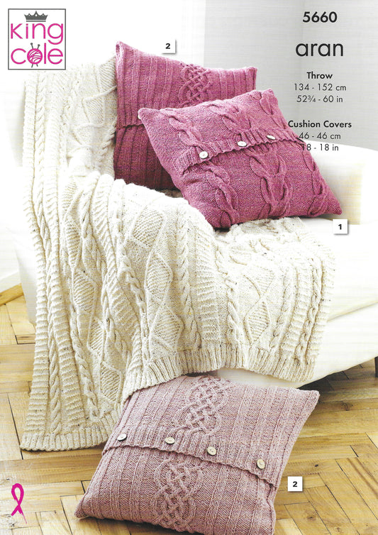 King Cole 5660 Throw & Cushion Covers Aran Knitting Pattern