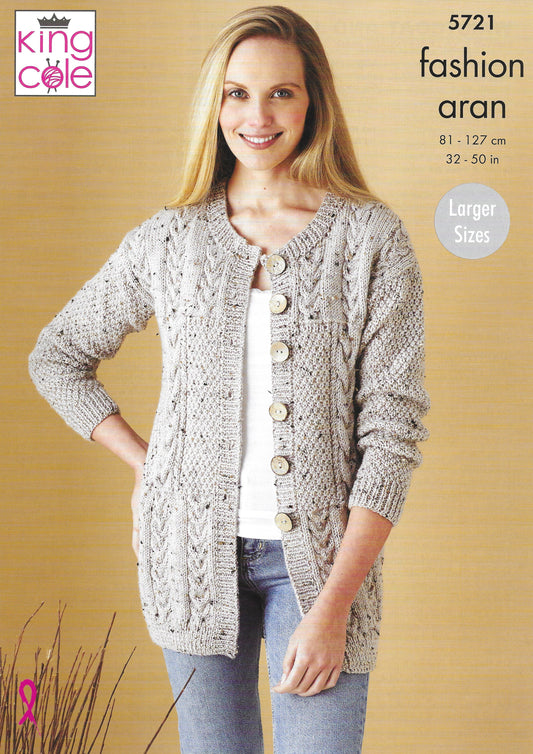 King Cole 5721 Waistcoat & Jacket, Larger Sizes, Fashion Aran Knitting Pattern