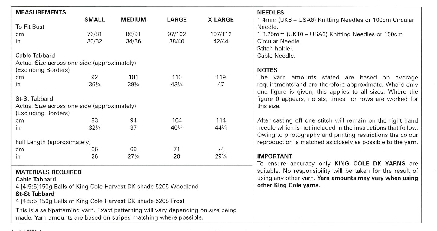 King Cole 5786 Ladies Tabbards DK Knitting Pattern