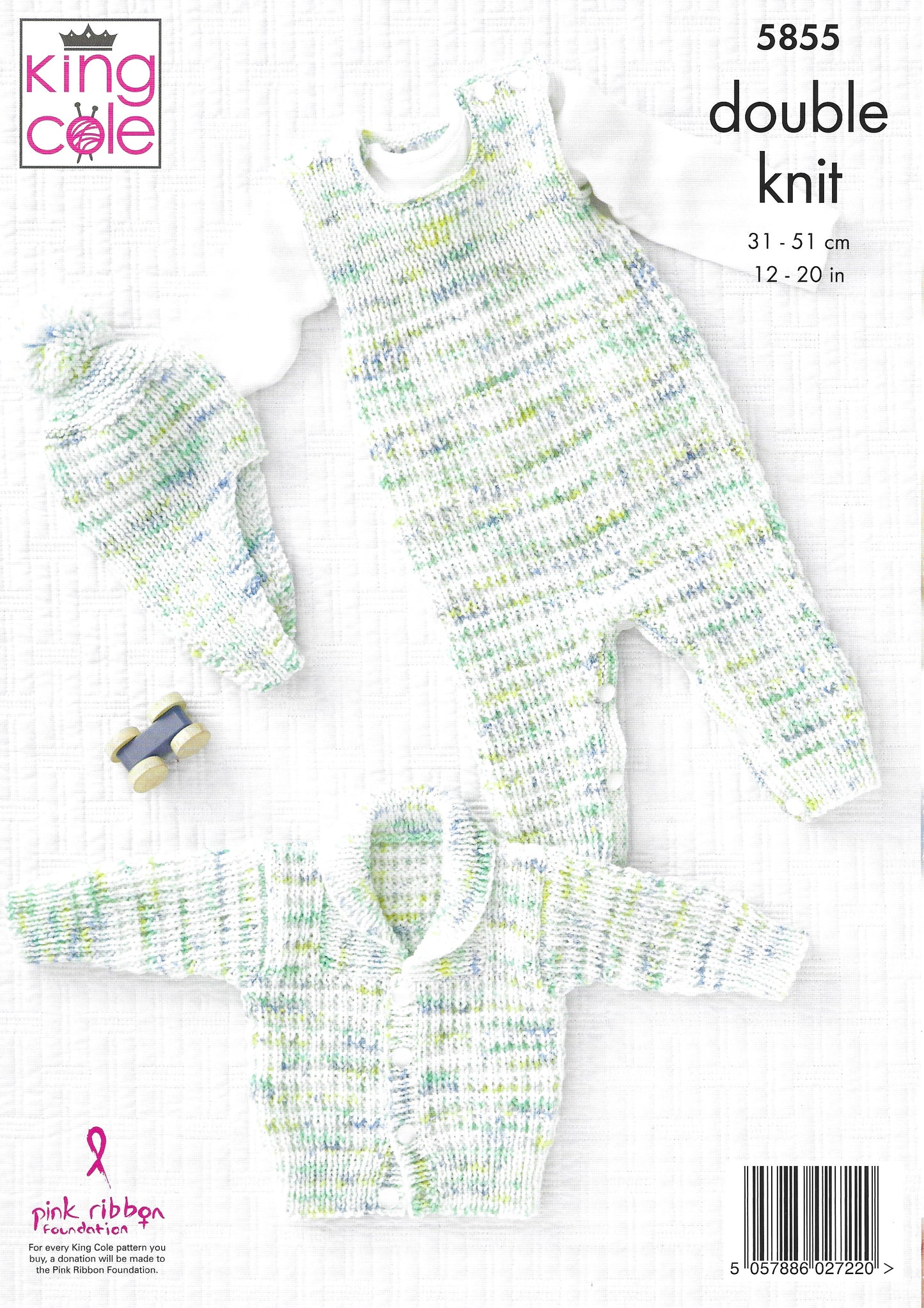 King Cole 5855 Baby Dungarees Jacket and Hat Double Knitting Pattern