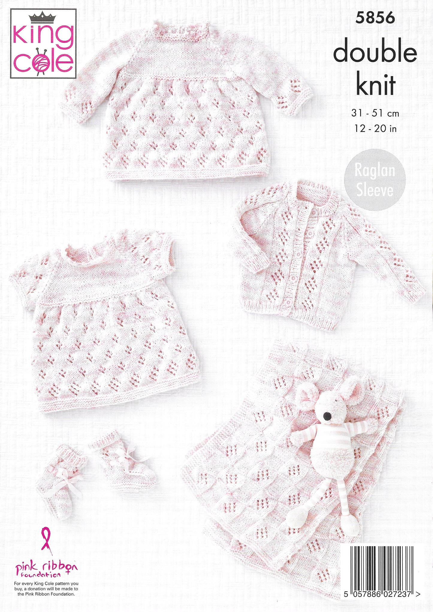 King Cole 5856 Baby Dress Cardigan Blanket and Bootees Raglan Sleeve Double Knitting Pattern