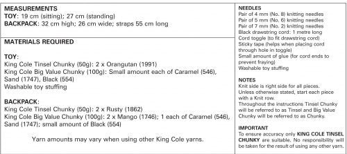 King Cole 9057 Orangutan Backpack & Toy Knitting Pattern