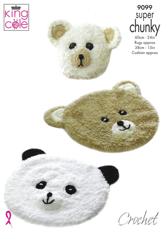 King Cole 9099 Crochet Teddy and Panda Rugs with Cushion Super Chunky Crochet Pattern