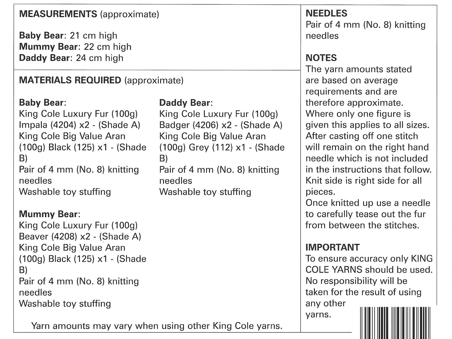 King Cole 9120 Novelty Luxury Fur Bears Luxury Fur Knitting Pattern