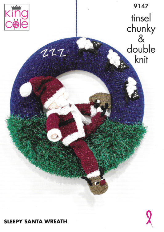 King Cole 9147 Sleepy Santa Wreath Tinsel Chunky & DK Knitting Pattern