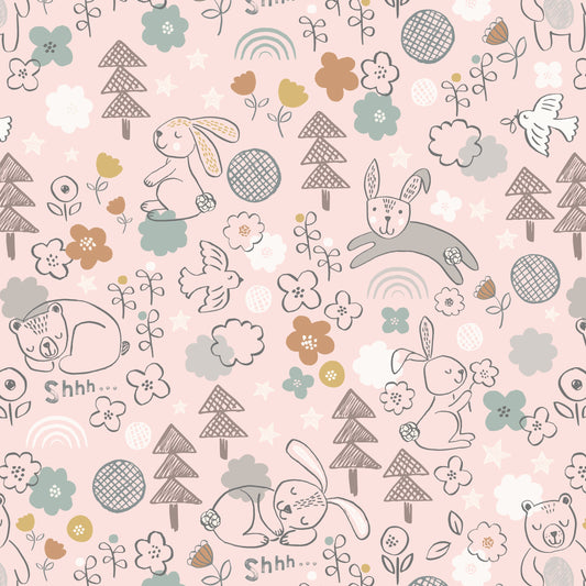 Lewis and Irene Bunny Bella and Bear Pink Cotton Fabric
