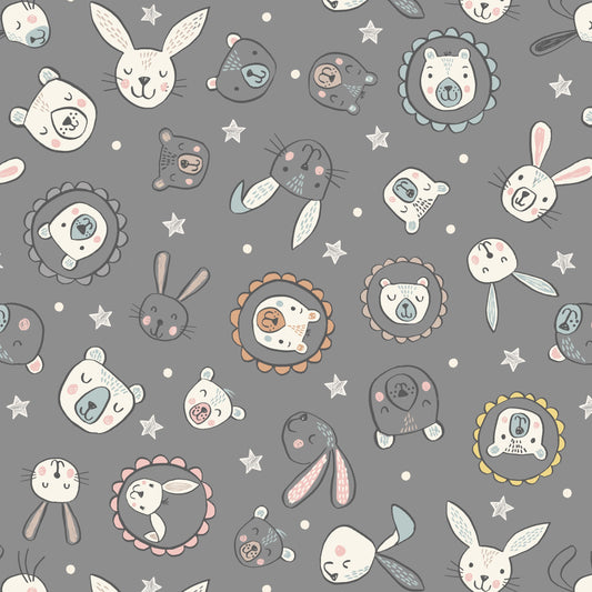 Lewis and Irene Bunny Bella and Bear Faces on Dark Grey Cotton Fabric
