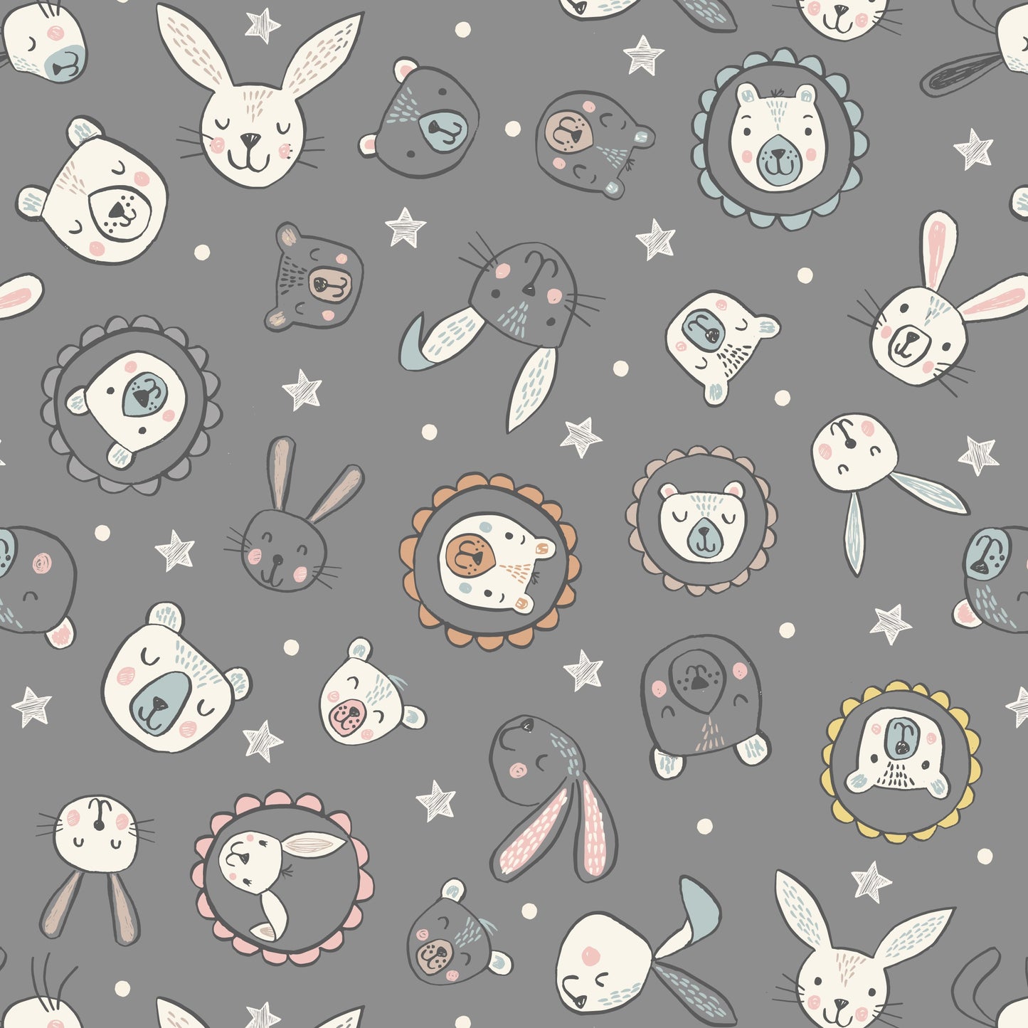 Lewis and Irene Bunny Bella and Bear Faces on Dark Grey Cotton Fabric