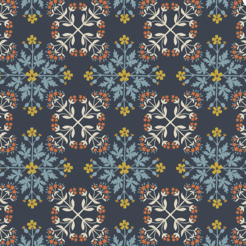 Lewis and Irene Mojolica Floral Tile on Dark Blue Cotton Fabric