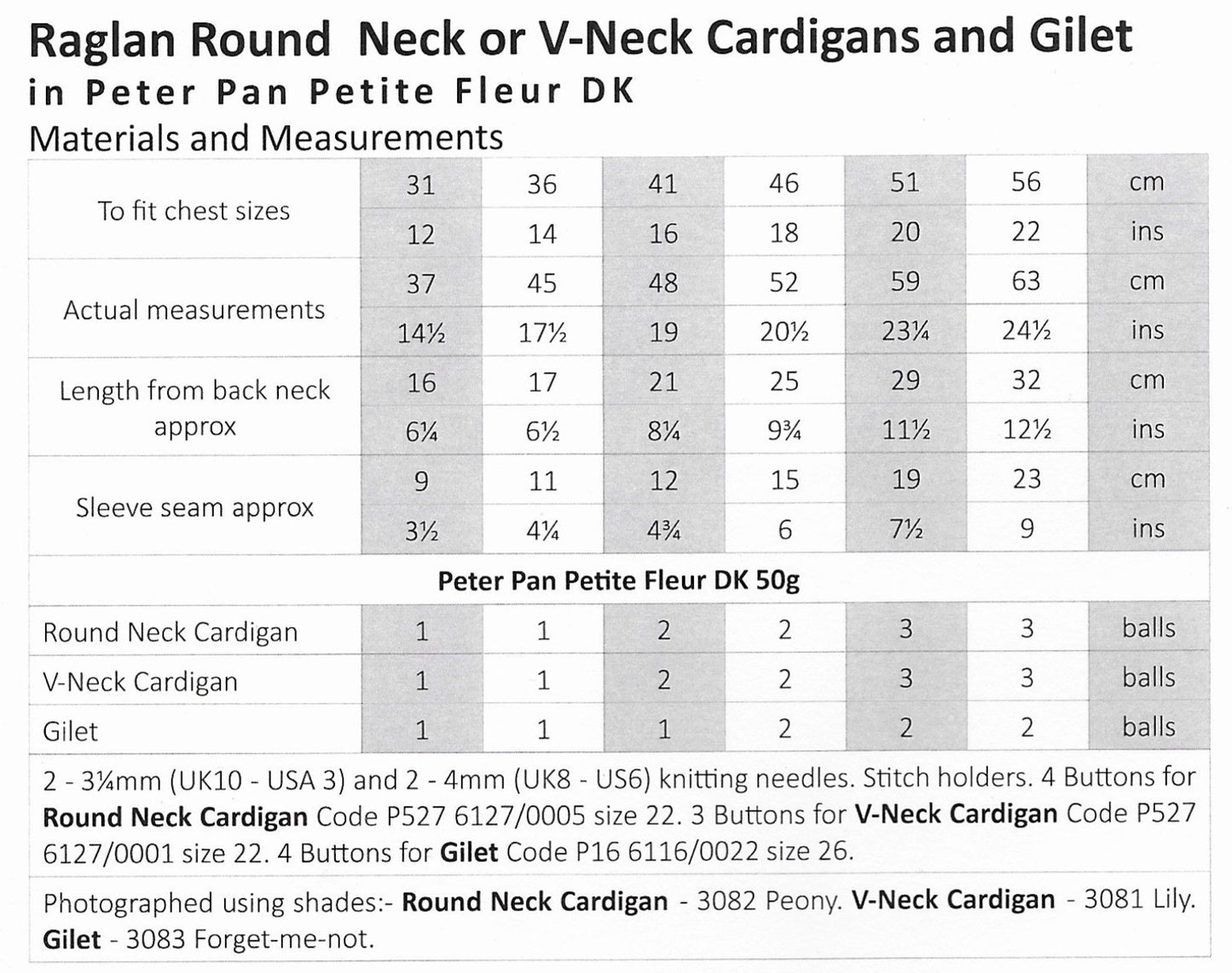 Peter Pan P1277 Raglan Round Neck or V-Neck Cardigans and Gilet DK Knitting Pattern