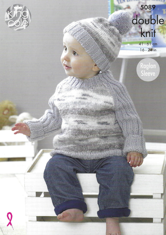 King Cole 5089 Cardigan Sweaters and Hat DK Knitting Pattern