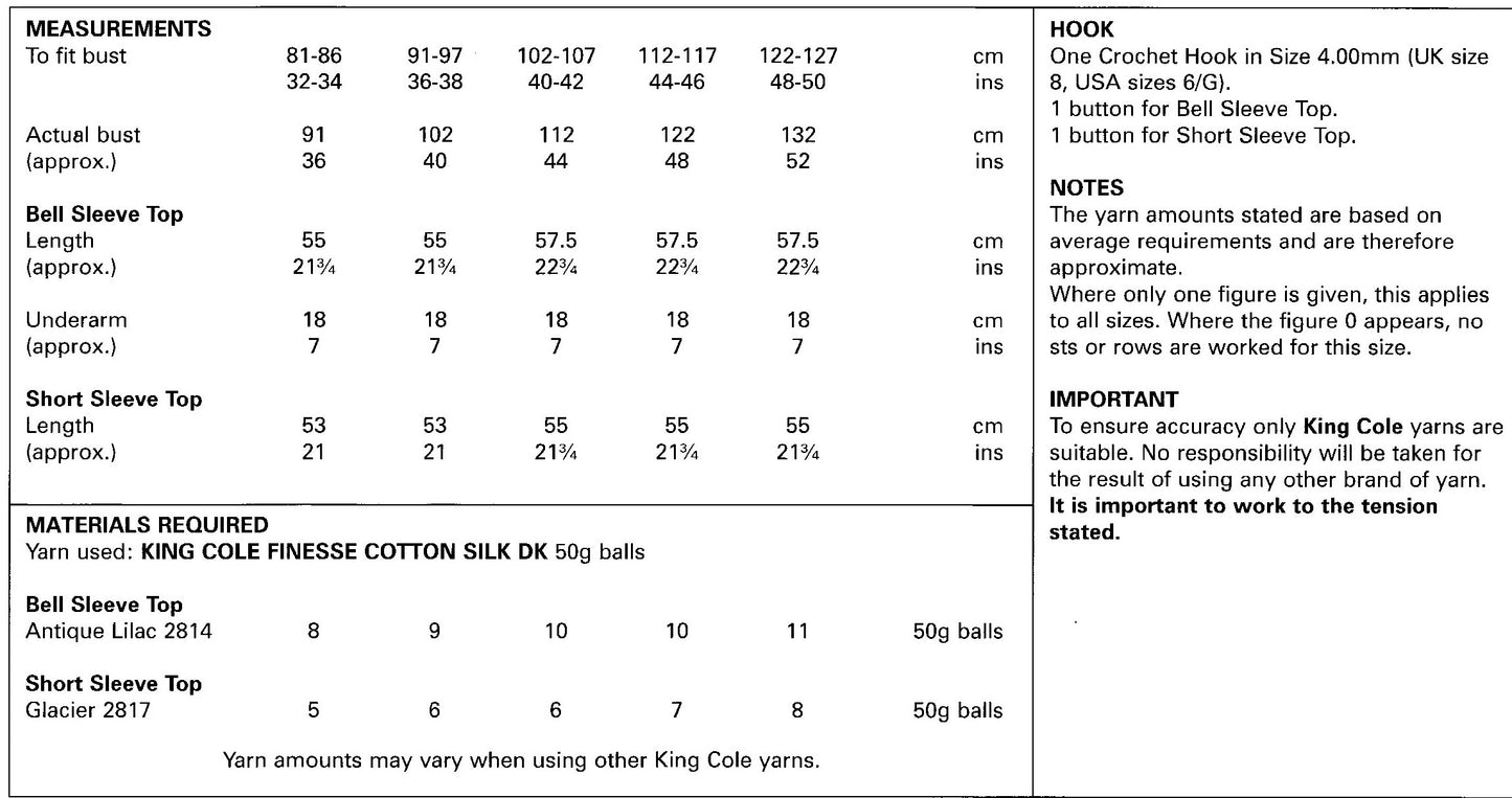 King Cole 5115 Bell Sleeve & Short Sleeve Tops DK Crochet Pattern