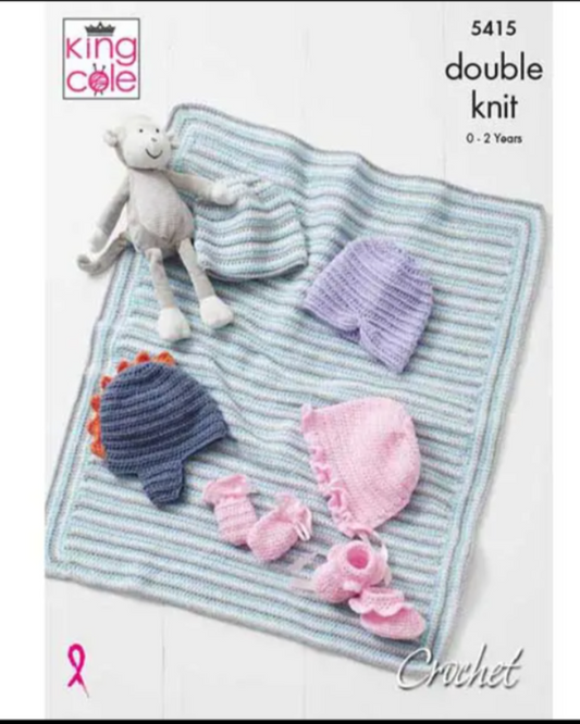 King Cole 5415 Baby Hat Mitts Bootees & Blanket Crochet Pattern
