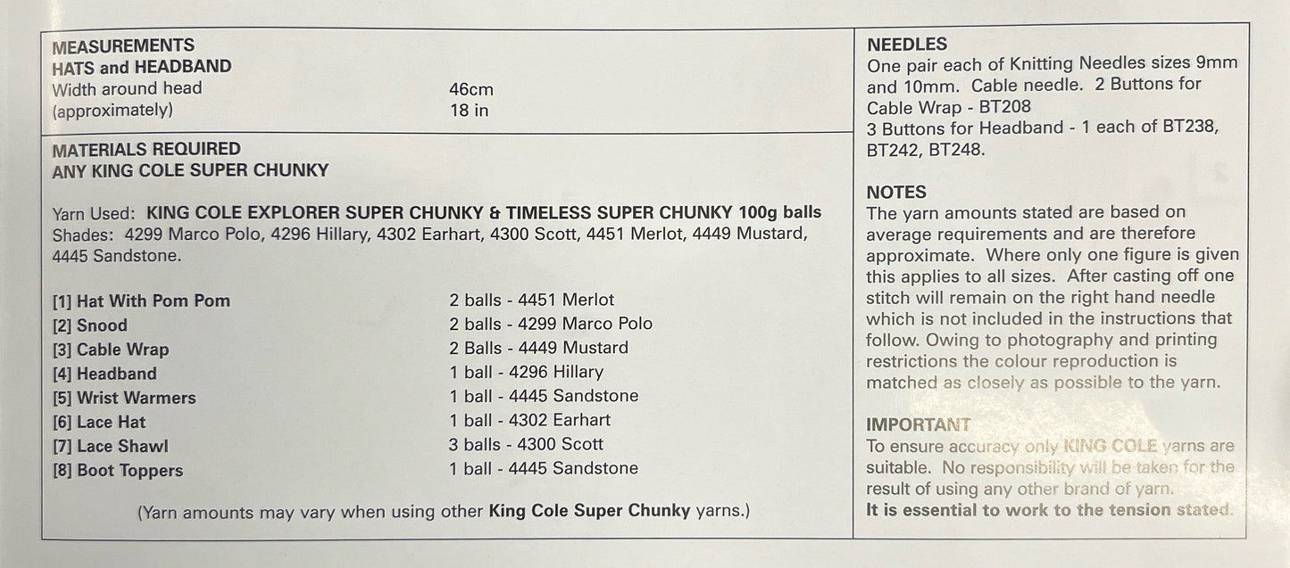 King Cole 5600 Ladies Accessories Super Chunky Knitting Pattern