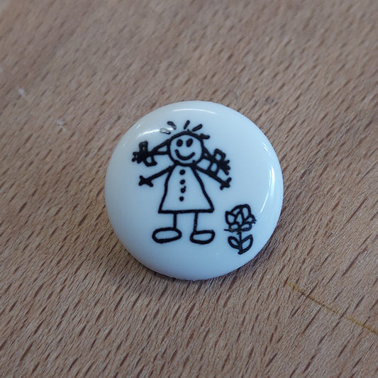 White Line Drawn Stick Girl Shank Button - 15mm