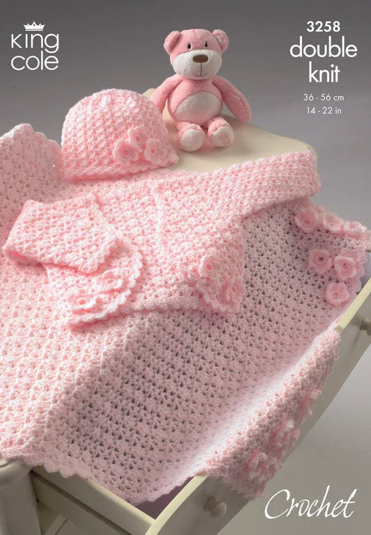 King Cole 3258 Bolero, Hat and Pram Blanket DK Crochet Pattern